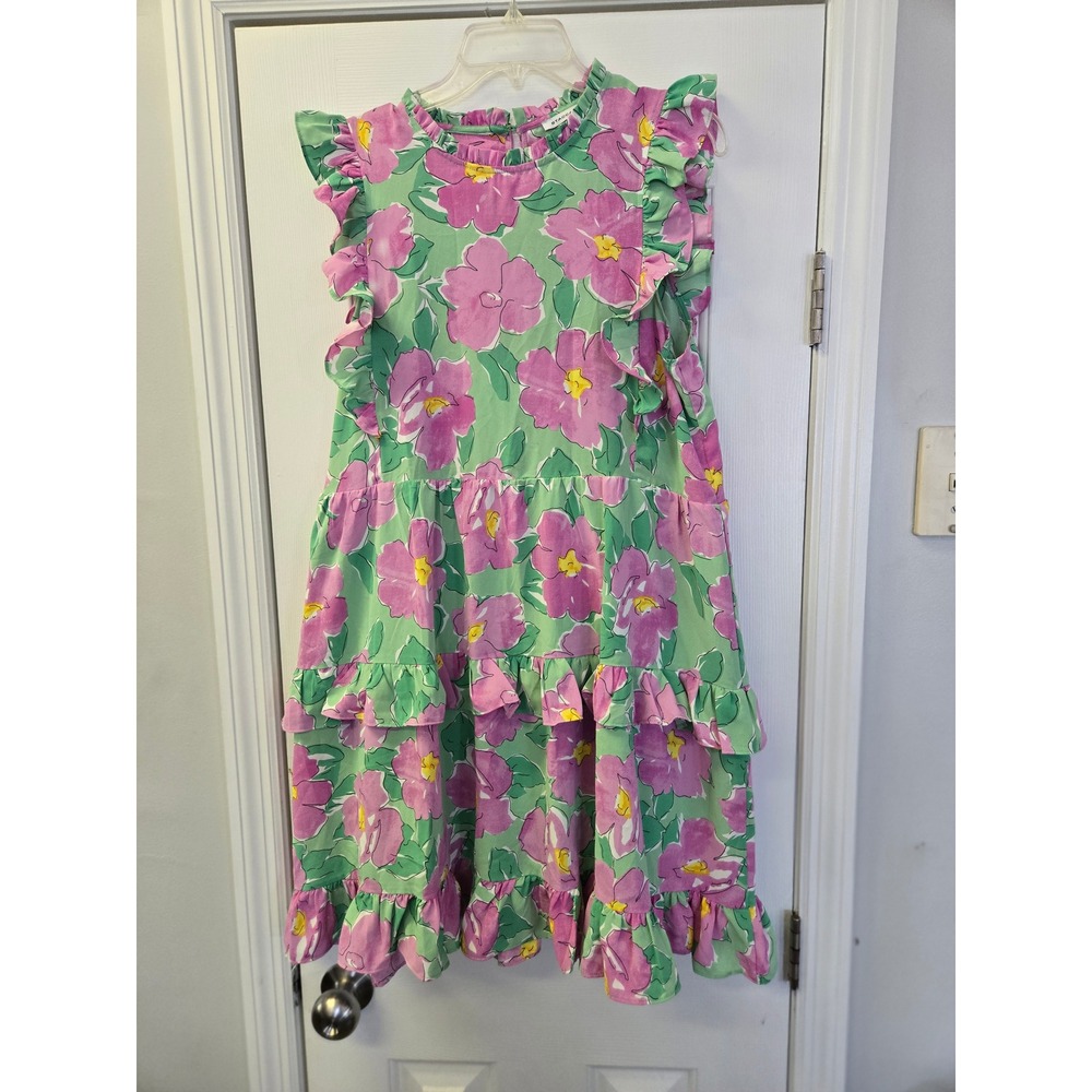 Staccato Green Pink Floral Tiered Ruffle Midi Dress Flutter Sleeve Cottagecore S